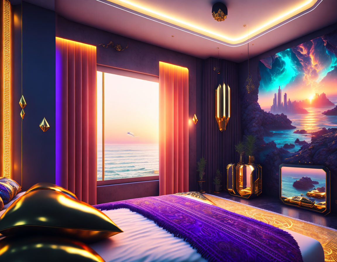 Modern bedroom with ocean view, neon lights, sci-fi mural, and ambient lighting