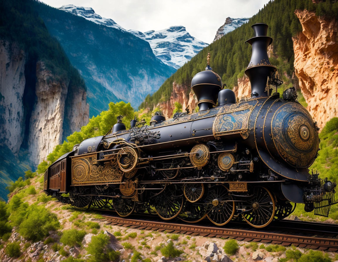 Vintage steam locomotive in mountainous landscape with snow-capped peaks