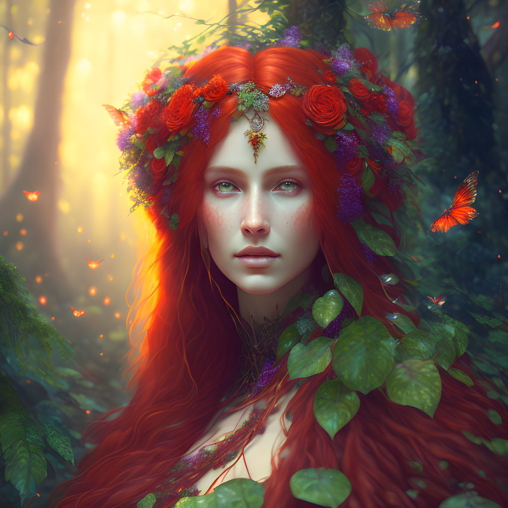 Red-haired woman with floral crown in enchanted forest with butterflies