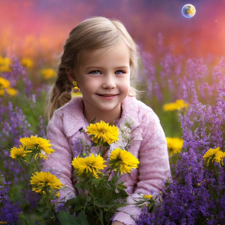 Blonde Girl Smiling with Yellow Flowers in Purple Flora