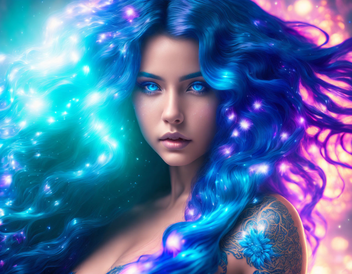 Vibrant digital artwork of woman with blue hair and eyes in starry glow