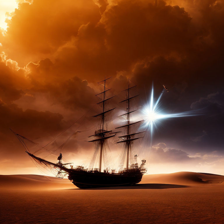 Sailing ship stranded on desert sands under dramatic sky