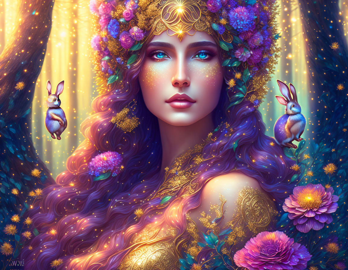 Elaborate golden headgear on mystical woman with rabbits and glowing flowers