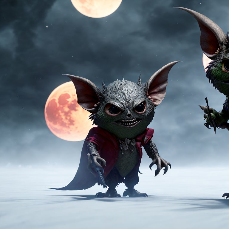 Menacing gremlins under twin moons in digital artwork