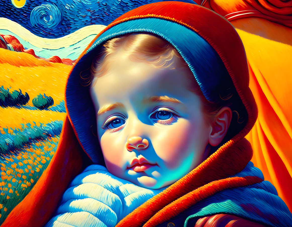 Colorful Child Portrait in Van Gogh-Inspired Landscape