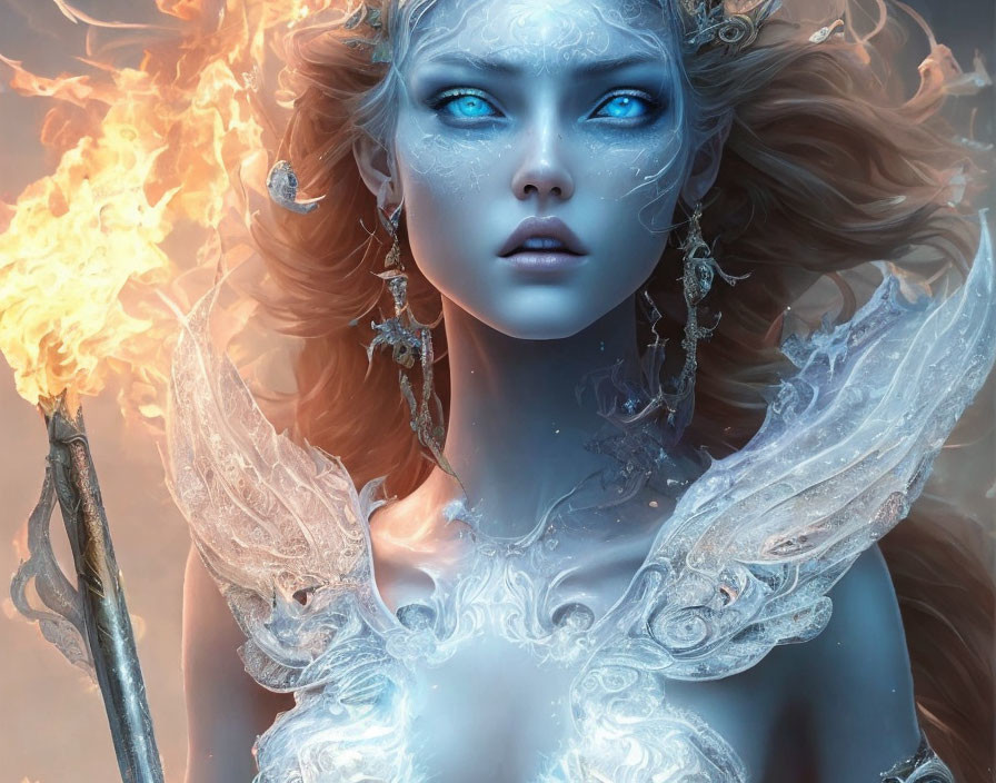 Fantasy Artwork: Female Figure with Blue Eyes, Flaming Torch, Ice-Patterned Skin