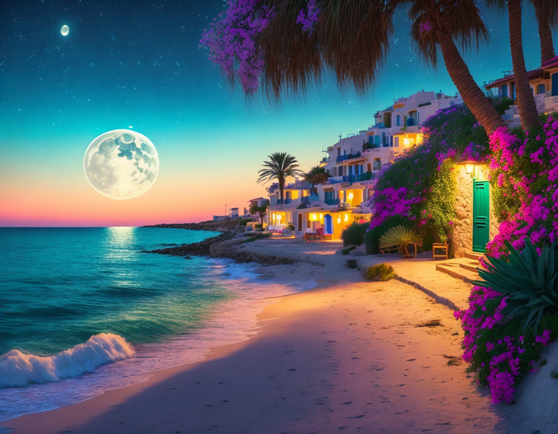 Twilight beach scene with moon, palm trees, buildings, and pink flowers