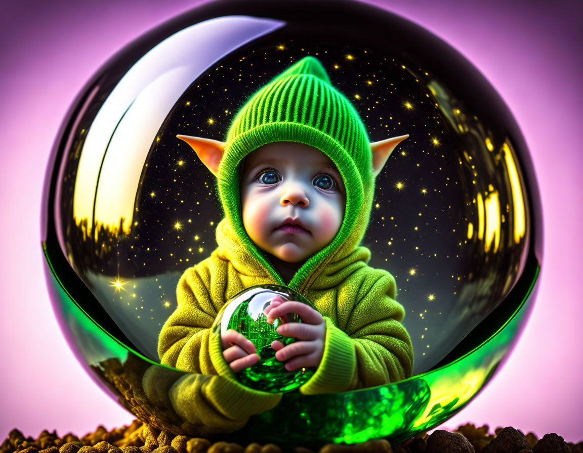 Baby in green elf hat and sweater inside reflective bubble with starry background.