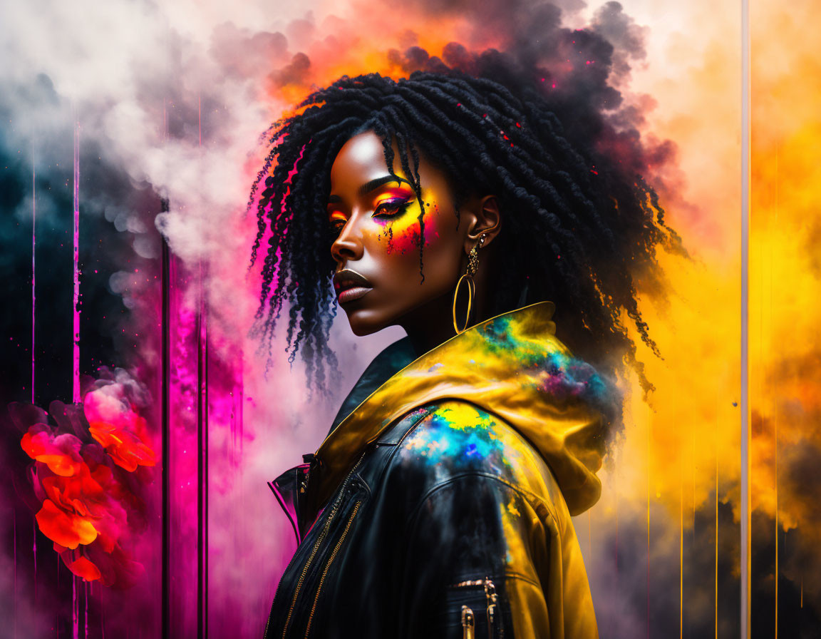 Vibrant makeup and dreadlocks on a woman in front of colorful smoke background