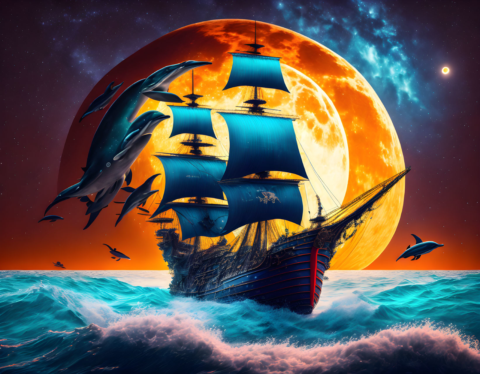 Sailing ship in turbulent seas under full moon with dolphins and birds