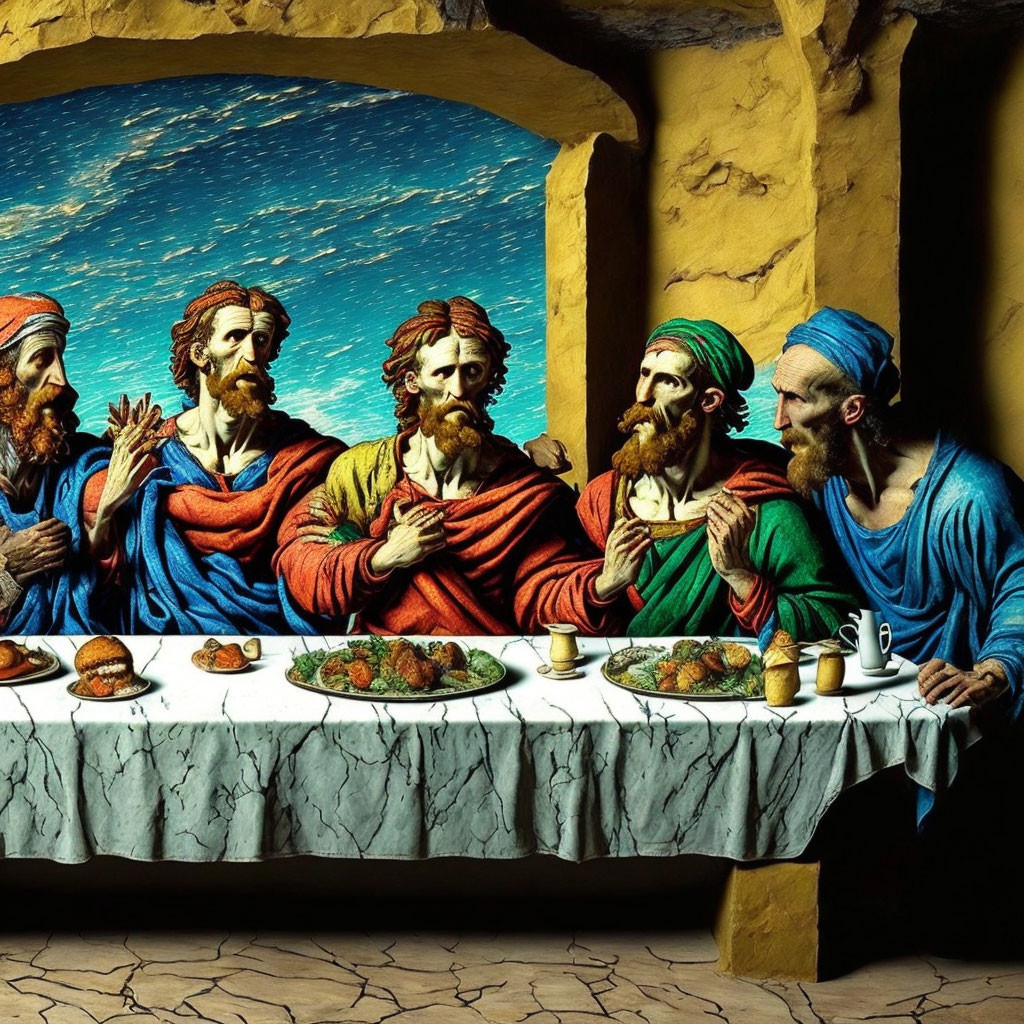 Vibrant Last Supper painting with Jesus and apostles at a table by the sea