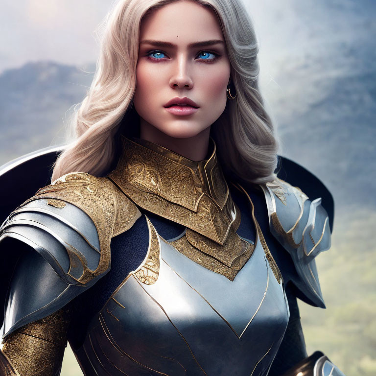 Blonde Female Warrior Digital Artwork in Golden Armor