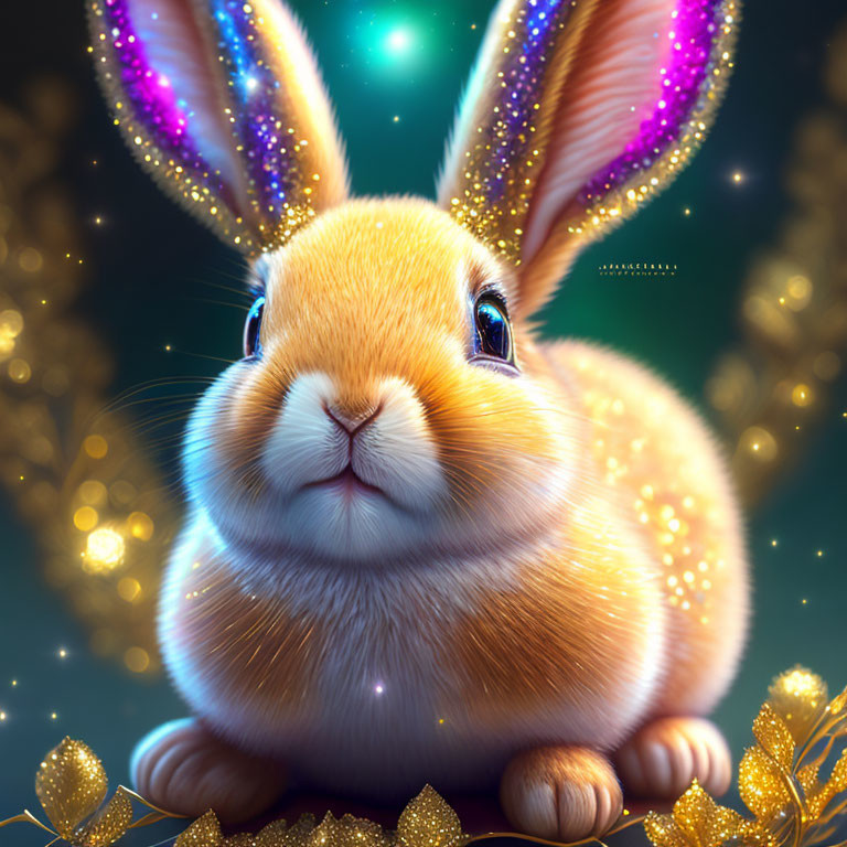 Golden bunny illustration with translucent ears in twinkling lights and glittery foliage