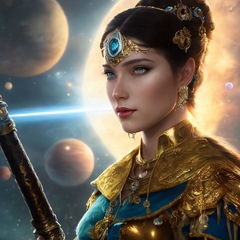 Regal woman in golden jewelry and blue robes with staff in cosmic scene