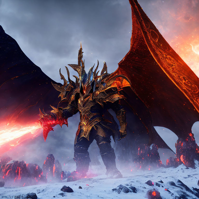 Majestic dragon with fiery wings in volcanic landscape