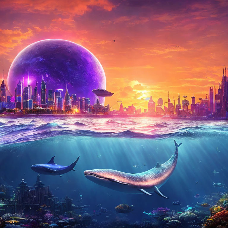 Futuristic city skyline at sunset with moon, ocean whales, and underwater cityscape