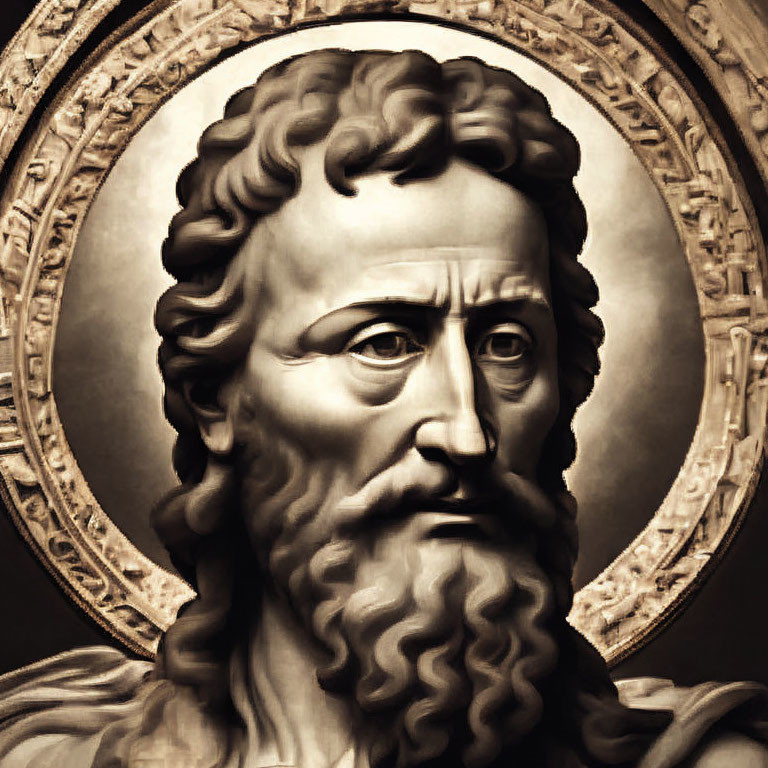 Bearded male bust with curly hair in ornate round frame