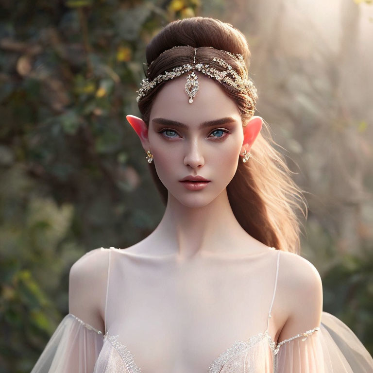 Ethereal female character with pointed ears in misty forest setting