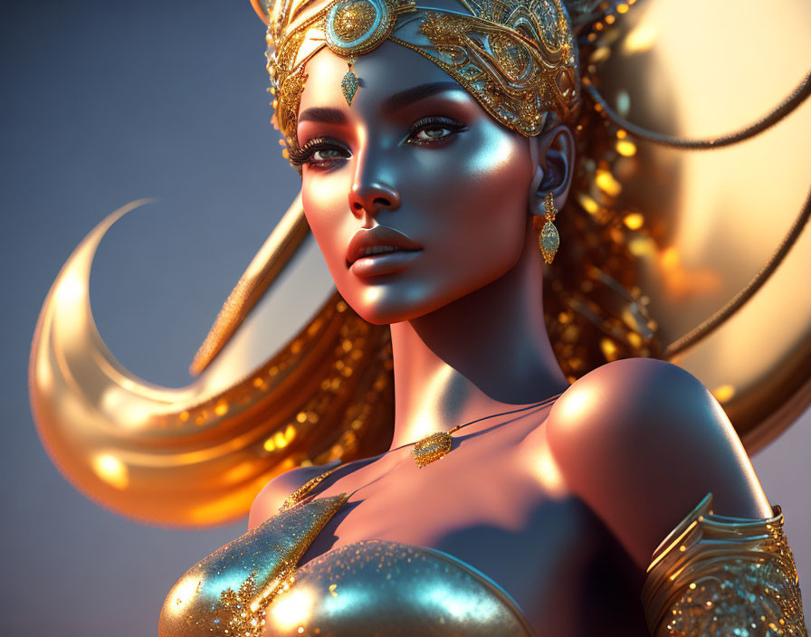 Digital artwork featuring woman with golden jewelry and crescent moon on warm backdrop