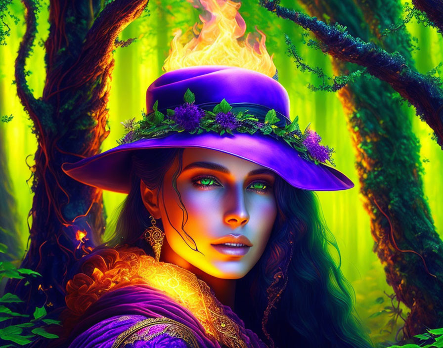 Fantasy portrait of woman with fiery glow on purple hat in enchanted forest