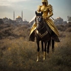 Golden armored knight on horseback in field with yellow flowers and mosque silhouette.