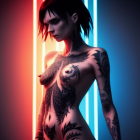 Stylized digital artwork of a woman with tattoos in neon lights