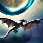 Black dragon flying through cosmic scene with planets and galaxy.