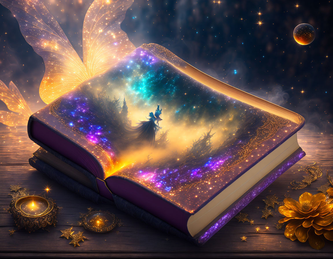 Glowing celestial scene on open book with fairy and forest silhouette