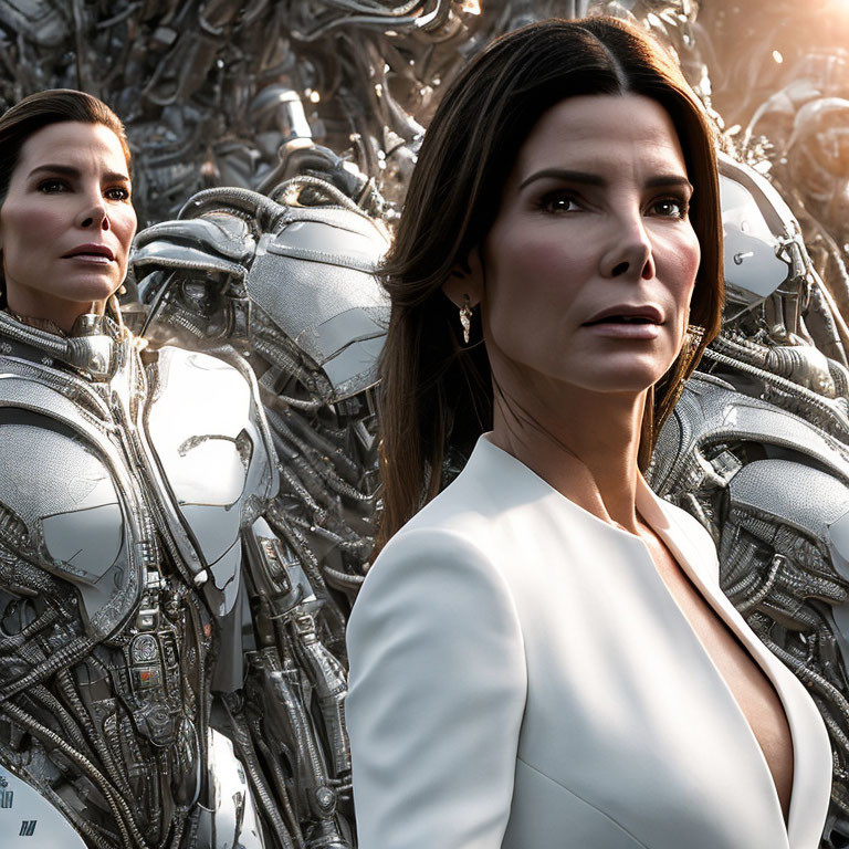 Woman with mirrored image and mechanical figures in sci-fi setting.