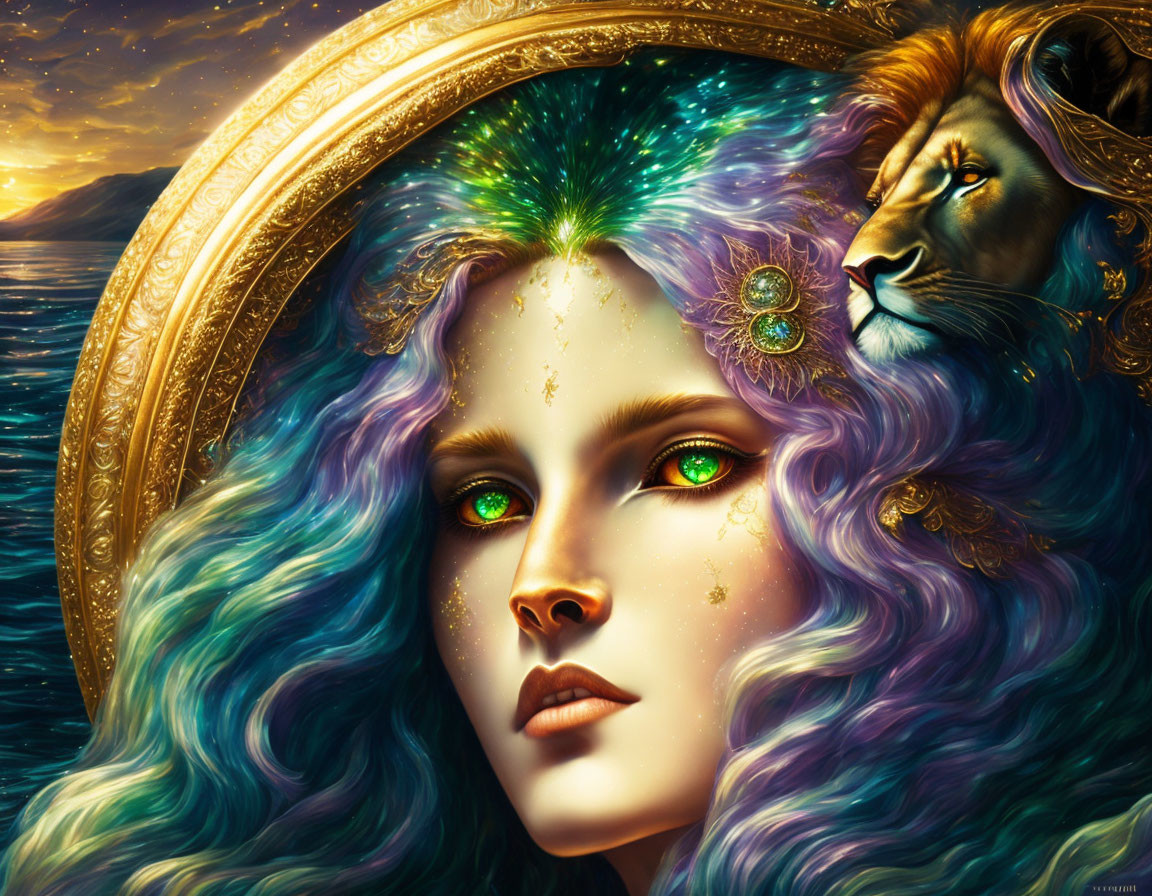 Fantastical image of woman with green eyes and lion against ocean sunset