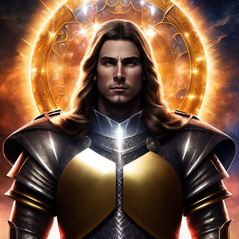 Medieval armor-clad male character with long hair in digital illustration