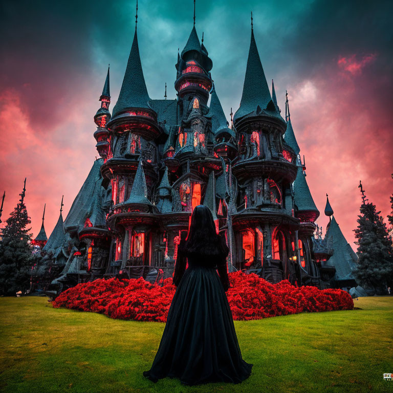 Person in black dress at grand dark castle with spires in red flower field under dramatic red sky