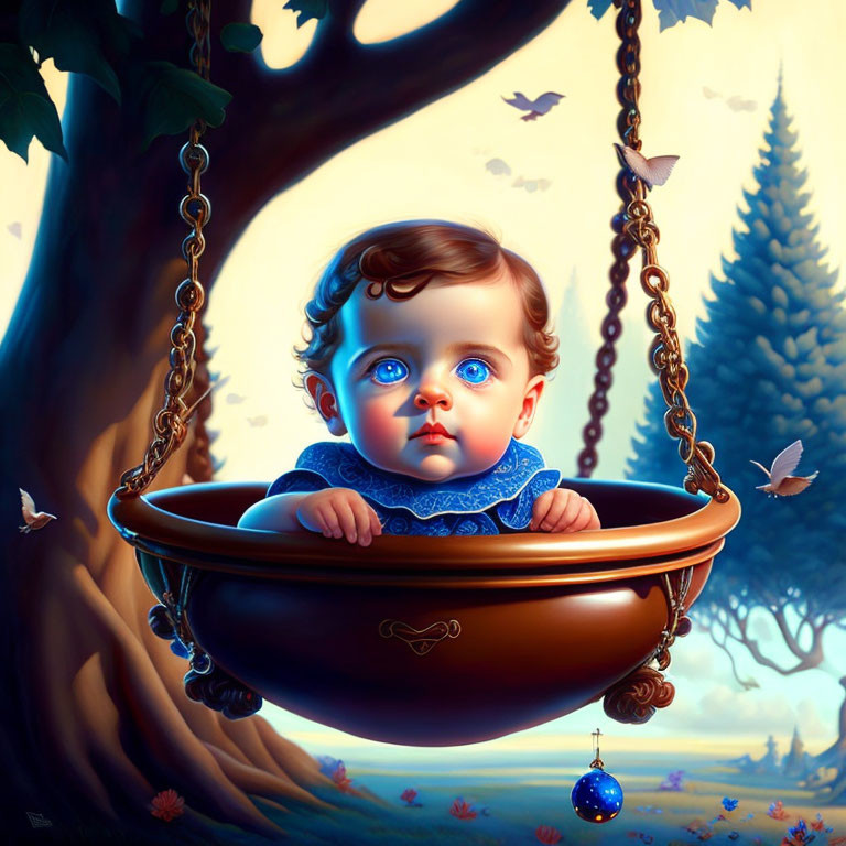 Baby with large eyes in swing surrounded by birds in enchanted forest