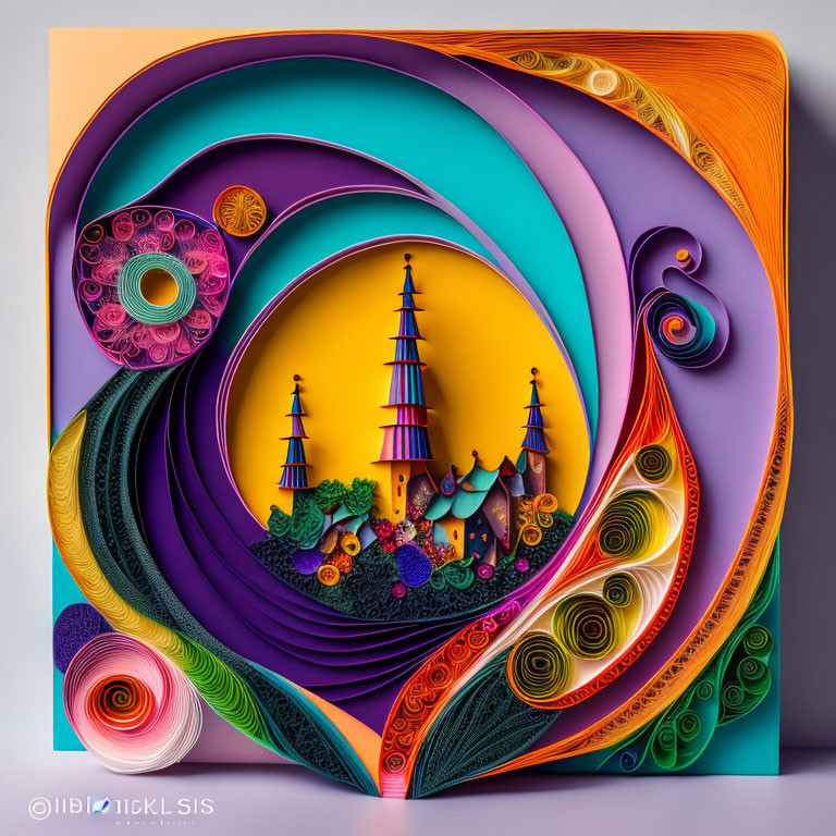 Colorful Quilled Paper Artwork Featuring Peacock, Abstract Patterns, and Whimsical Landscape