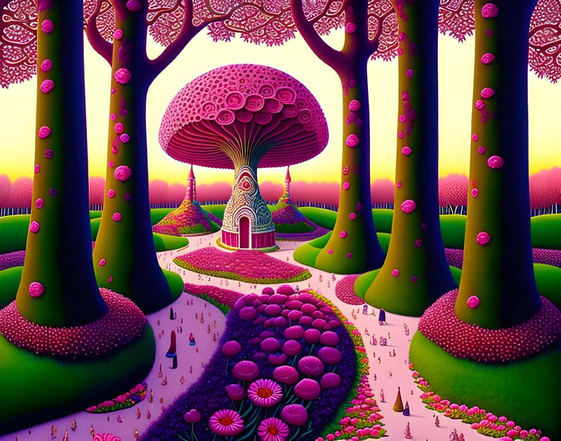 Fantastical landscape with oversized mushroom structures in vivid colors