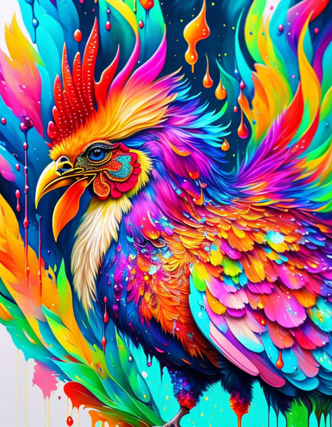 Colorful Rooster Illustration with Drips and Splatters in Blue, Red, Yellow, and