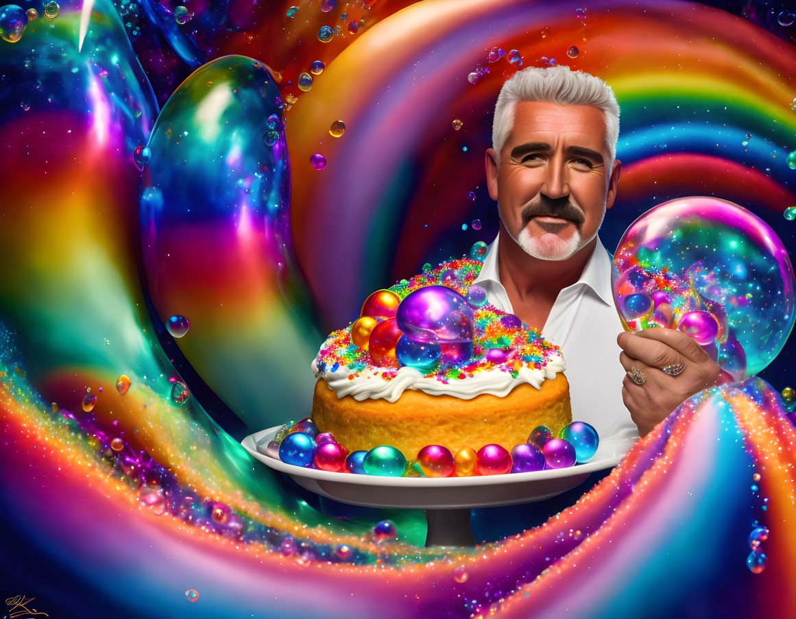 White-haired man smiling with vibrant cake and galaxy-like bubble