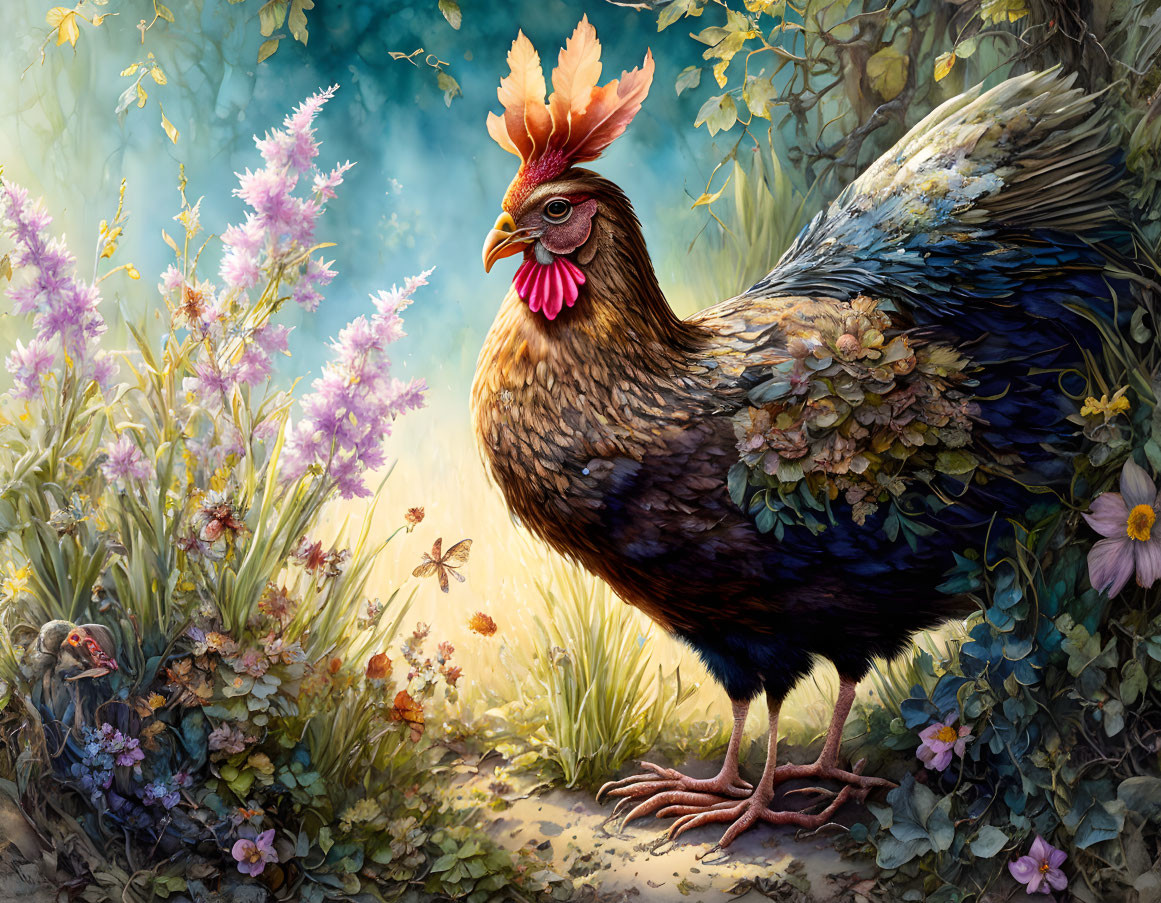 Colorful Rooster Painting Among Flowers and Forest Scene