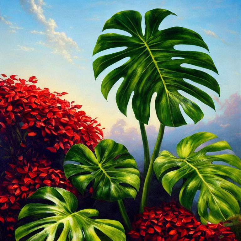 Colorful Monstera Leaves and Red Flowers Against Blue Sky