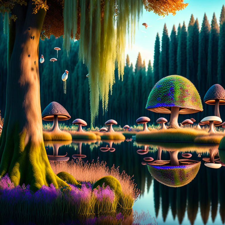 Fantasy Forest Scene with Oversized Mushrooms and Colorful Flora