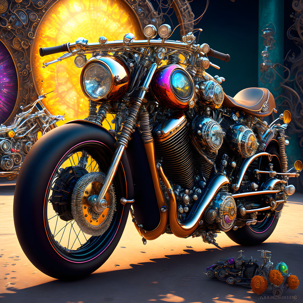 Stylized ornate motorcycle against fantastical backdrop