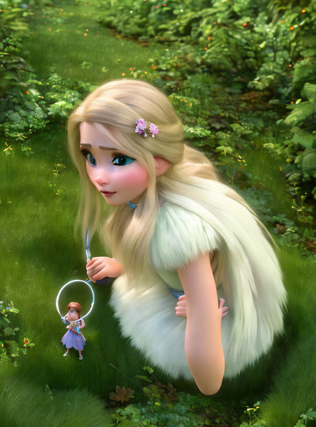 Whimsical digital illustration of a girl with a fairy in a garden