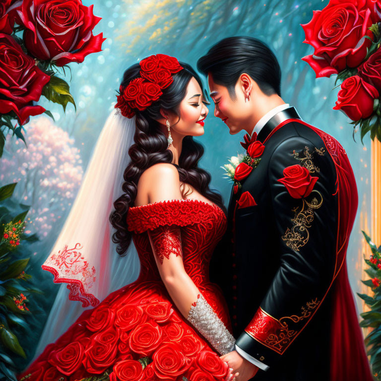 Elaborate red wedding attire couple embracing among roses