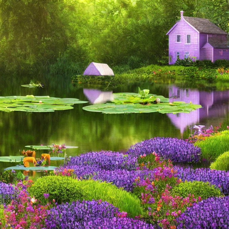 Tranquil pond with purple flowers, lily pads, and pink house in lush setting