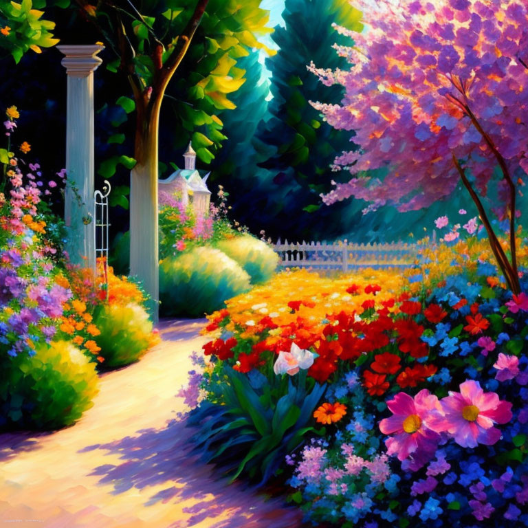 Colorful Flower Garden Path with Trees and White Column