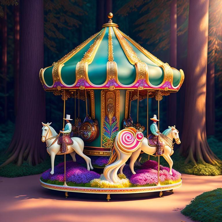 Colorful Carousel with White Horses in Mystical Forest at Dusk