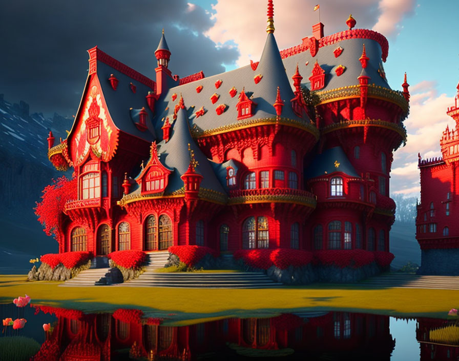 Red Fantasy Castle with Towering Spires in Lush Green Landscape