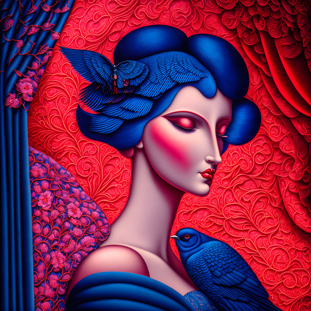 Stylized woman with blue hair and red skin, blue bird on shoulder, against red floral background