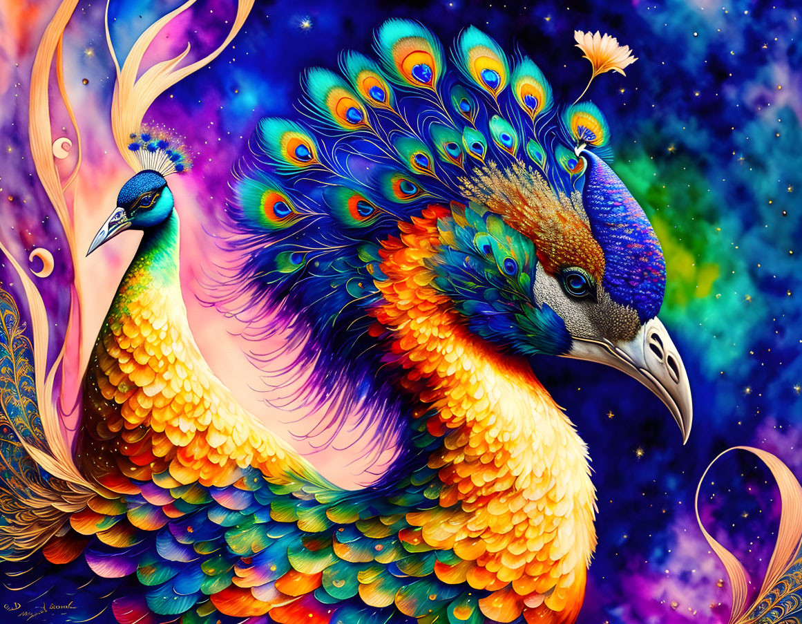 Colorful Peacock Digital Art with Cosmic Background