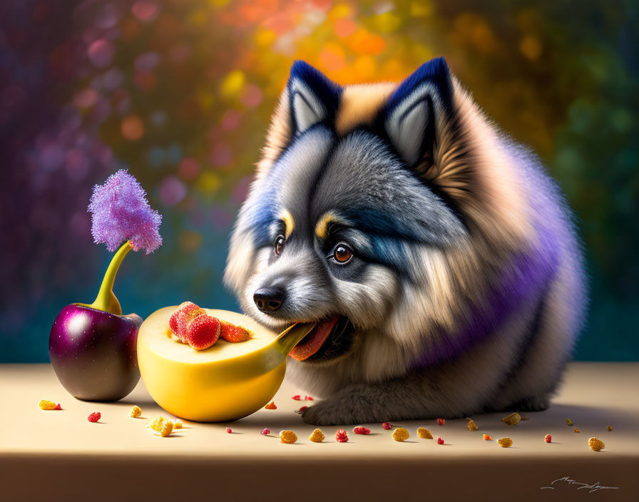 Realistic fluffy blue and white dog with golden fruit on colorful background